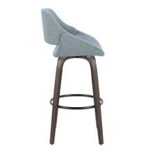 Fabrizzi bar stool in Walnut Glazed Wood, Blue Noise Fabric, Black Metal, side view, featuring swivel and wood frame
