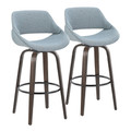 Fabrico 30" Mid-Century Modern Fixed-Height Barstool with Swivel in Walnut Glazed Wood and Blue Noise Fabric with Round Black Metal Footrest- Set of 2 — pair view
