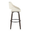 Fabrizzi bar stool in Walnut Glazed Wood, Cream Noise Fabric, Black Metal, side view, featuring swivel and wood frame