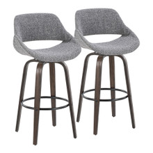 Fabrico 30" Mid-Century Modern Fixed-Height Barstool with Swivel in Walnut Glazed Wood and Grey Noise Fabric with Round Black Metal Footrest- Set of 2 — pair view