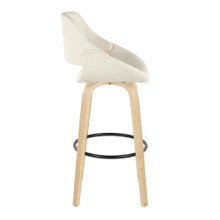 Fabrizzi bar stool in Natural Wood, Cream Noise Fabric, Black Metal, side view, featuring swivel and wood frame