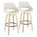 Fabrico 30" Mid-Century Modern Fixed-Height Barstool with Swivel in Natural Wood and Cream Noise Fabric with Round Black Metal Footrest- Set of 2 — pair view