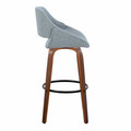 Fabrizzi bar stool in Walnut Wood, Blue Noise Fabric, Black Metal, side view, featuring swivel and wood frame