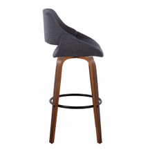 Fabrizzi bar stool in Walnut Wood, Charcoal Fabric, Black Metal, side view, featuring swivel and wood frame