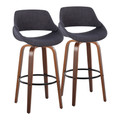 Fabrico 30" Mid-Century Modern Fixed-Height Barstool with Swivel in Walnut Wood and Charcoal Fabric with Round Black Metal Footrest- Set of 2 — pair view