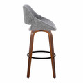 Fabrizzi bar stool in Walnut Wood, Grey Noise Fabric, Black Metal, side view, featuring swivel and wood frame