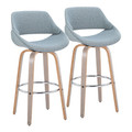 Fabrico 30" Mid-Century Modern Fixed-Height Barstool with Swivel in Light Grey Wood and Blue Noise Fabric with Round Chrome Metal Footrest- Set of 2 — pair view