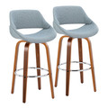 Fabrico 30" Mid-Century Modern Fixed-Height Barstool with Swivel in Walnut Wood and Blue Noise Fabric with Round Chrome Metal Footrest- Set of 2 — pair view