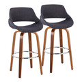 Fabrico 30" Mid-Century Modern Fixed-Height Barstool with Swivel in Walnut Wood and Charcoal Fabric with Round Chrome Metal Footrest- Set of 2 — pair view
