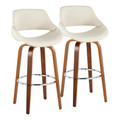 Fabrico 30" Mid-Century Modern Fixed-Height Barstool with Swivel in Walnut Wood and Cream Noise Fabric with Round Chrome Metal Footrest- Set of 2 — pair view