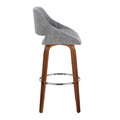 Fabrizzi bar stool in Walnut Wood, Grey Noise Fabric, Chrome Metal, side view, featuring swivel and wood frame