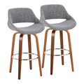 Fabrico 30" Mid-Century Modern Fixed-Height Barstool with Swivel in Walnut Wood and Grey Noise Fabric with Round Chrome Metal Footrest- Set of 2 — pair view