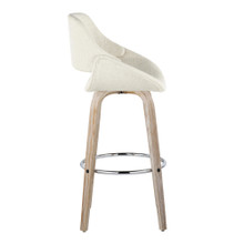 Fabrizzi bar stool in Whitewashed Wood, Cream Noise Fabric, Chrome Metal, side view, featuring swivel and wood frame