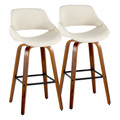 Fabrico 30" Mid-Century Modern Fixed-Height Barstool with Swivel in Walnut Wood and Cream Noise Fabric with Square Black Metal Footrest- Set of 2 — pair view