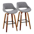 Fabrico 30" Mid-Century Modern Fixed-Height Barstool with Swivel in Walnut Wood and Grey Fabric with Square Black Metal Footrest- Set of 2 — pair view