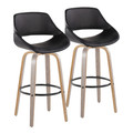 Fabrico 30" Mid-Century Modern Fixed-Height Barstool with Swivel in Light Grey Wood and Black Faux Leather with Round Black Metal Footrest- Set of 2 — pair view