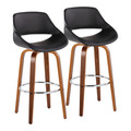 Fabrico 30" Mid-Century Modern Fixed-Height Barstool with Swivel in Walnut Wood and Black Faux Leather with Round Chrome Metal Footrest- Set of 2 — pair view