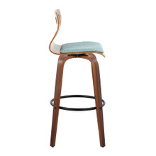 Folia bar stool in Walnut Wood, Black Metal, Teal Fabric, side view, featuring swivel and wood frame