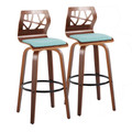 Folia 30" Mid-Century Modern Fixed-Height Barstool with Swivel in Walnut Wood and Teal Fabric with Round Black Metal Footrest- Set of 2 — pair view
