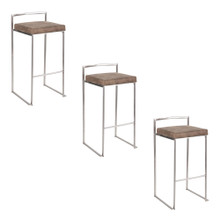 Fuji 30" Contemporary Stackable Barstool in Stainless Steel with Brown Cowboy Fabric Cushion- Set of 3 — pair view