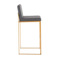 Fuji bar stool in Gold Steel, Grey PU, side view, featuring faux leather design and leather design