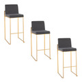 Fuji 30" Contemporary High Back Barstool in Gold Steel and Charcoal Fabric- Set of 3 — pair view