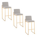 Fuji 30" Contemporary High Back Barstool in Gold Steel and Grey Fabric- Set of 3 — pair view