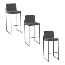 Fuji 30" Contemporary High Back Barstool in Black Steel and Charcoal Fabric- Set of 3 — pair view