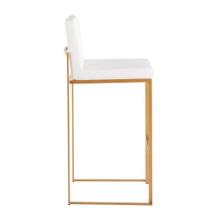 Fuji bar stool in Gold Steel, White PU, side view, featuring faux leather design and leather design