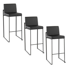 Fuji 30" Contemporary High Back Barstool in Black Steel and Black Faux Leather- Set of 3 — pair view