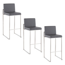 Fuji 30" Contemporary High Back Barstool in Stainless Steel and Grey Faux Leather- Set of 3 — pair view
