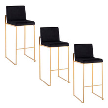 Fuji 30" Contemporary High Back Barstool in Gold Steel and Black Velvet- Set of 3 — pair view
