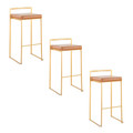 Fuji 30" Contemporary Stackable Barstool in Gold Metal with Camel Faux Leather Cushion- Set of 3 — pair view