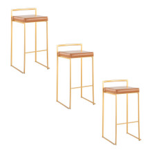 Fuji 30" Contemporary Stackable Barstool in Gold Metal with Camel Faux Leather Cushion- Set of 3 — pair view