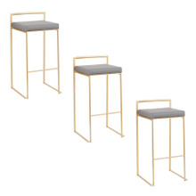 Fuji 30" Contemporary Stackable Barstool in Gold Metal with Grey Faux Leather Cushion- Set of 3 — pair view