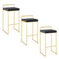 Fuji 30" Contemporary Barstool in Gold Metal with Black Velvet Cushion- Set of 3 — pair view
