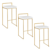 Fuji 30" Contemporary Stackable Barstool in Gold Metal with White Velvet Cushion- Set of 3 — pair view