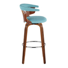 Gardenia bar stool in Chrome Metal, Walnut Wood, Teal Fabric, side view, featuring swivel and upholstered seat