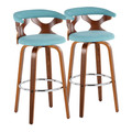 Gardenia 30" Mid-Century Modern Fixed-Height Barstool with Swivel in Walnut Wood and Teal Fabric with Round Chrome Metal Footrest- Set of 2 — pair view