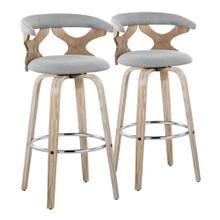 Gardenia 30" Farmhouse Fixed-Height Barstool with Swivel in Whitewashed Wood and Light Grey Fabric with Round Chrome Metal Footrest- Set of 2 — pair view