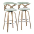 Gardenia 30" Farmhouse Fixed-Height Barstool with Swivel in Whitewashed Wood and Seafoam Green Fabric with Round Chrome Metal Footrest- Set of 2 — pair view