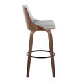 Gianna bar stool in Walnut Wood, Light Grey PU, Black Metal, side view, featuring swivel and metal footrest
