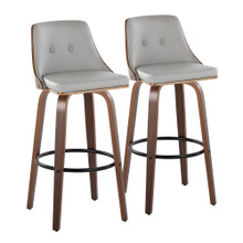 Gianna Mid-Century Modern Fixed-Height Barstool with Swivel in Walnut Wood and Light Grey Faux Leather with Round Black Metal Footrest- Set of 2 — pair view
