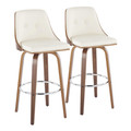 Gianna Mid-Century Modern Fixed-Height Barstool with Swivel in Walnut Wood and Cream Faux Leather with Round Chrome Metal Footrest- Set of 2 — pair view