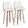 Gianna Mid-Century Modern Fixed-Height Barstool with Swivel in Walnut Wood and White Faux Leather with Round Chrome Metal Footrest- Set of 2 — pair view