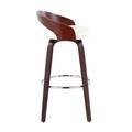 Grotto bar stool in Mahogany Wood, Chrome Metal, White PU, side view, featuring swivel and upholstered seat