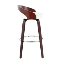 Grotto bar stool in Mahogany Wood, Chrome Metal, White PU, side view, featuring swivel and upholstered seat
