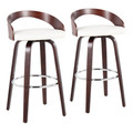 Grotto 30" Mid-Century Modern Fixed-Height Barstool with Swivel in Mahogany Wood and White Faux Leather with Round Chrome Metal Footrest- Set of 2 — pair view