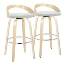 Grotto 30" Contemporary Fixed-Height Barstool with Swivel in Natural Wood and Light Green Fabric with Round Chrome Metal Footrest- Set of 2 — pair view