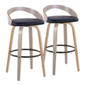 Grotto 30" Contemporary Fixed-Height Barstool with Swivel in Light Grey Wood and Black Faux Leather with Round Black Metal Footrest- Set of 2 — pair view